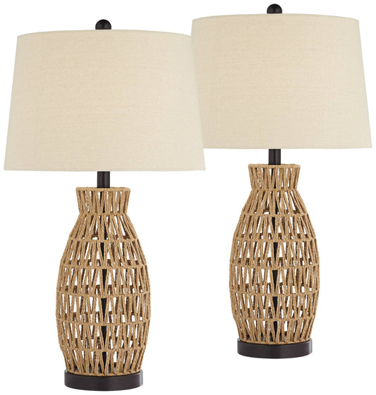 Brown - Oatmeal Wicker, Modern Table Lamps 27" Tall Set of 2