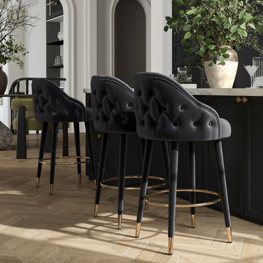 Black Velvet 26" Counter Height Tufted Bar Stools with Wood Legs, Set of 2