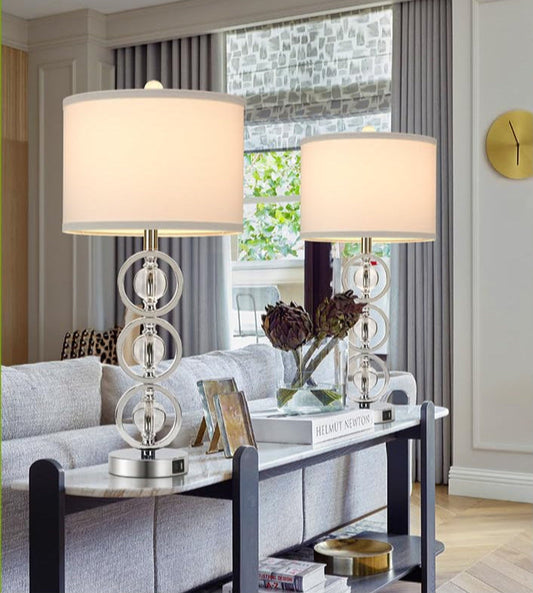 Silver 27“ Tall Crystal, Set of 2 Modern, Table Lamps with 2 USB Charging Ports