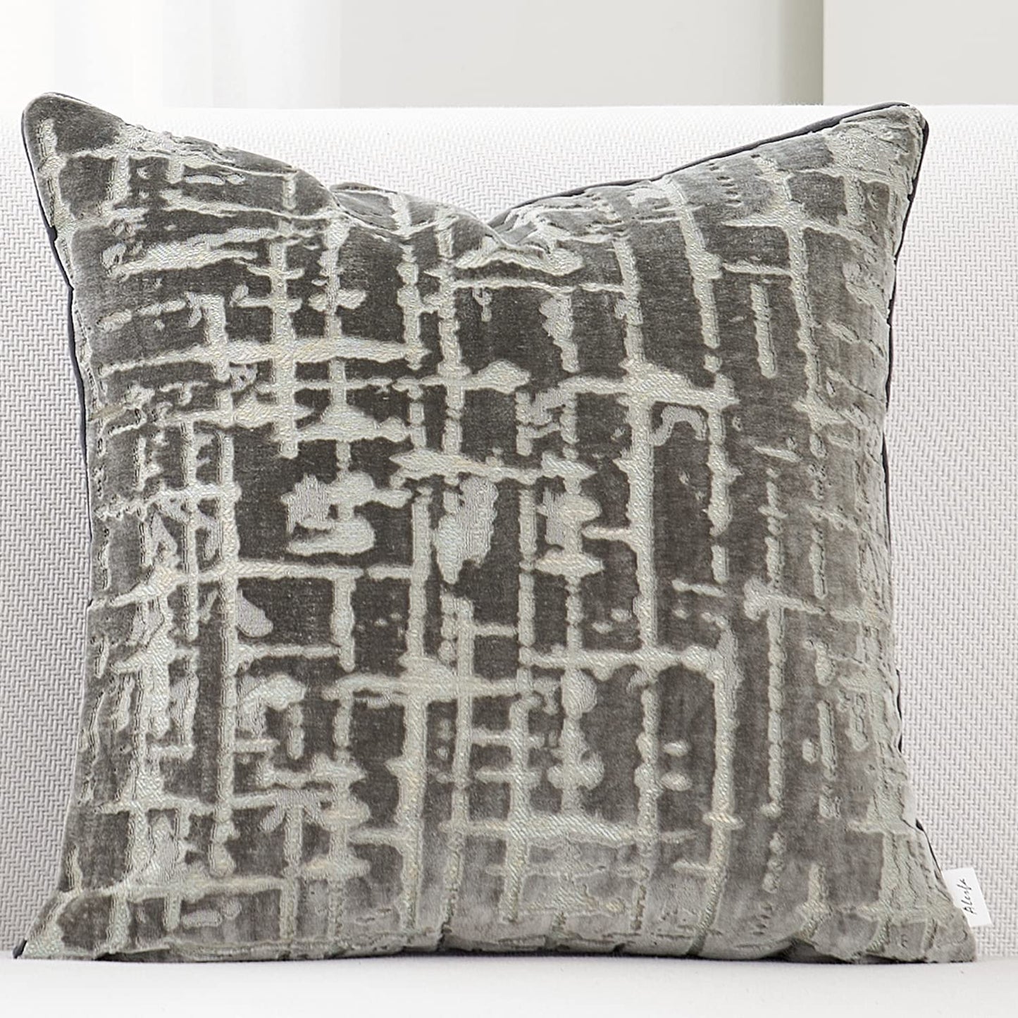 Gray Throw Pillow Cover, 18"x18" Geometrical Plaid Striped, Modern Velvet
