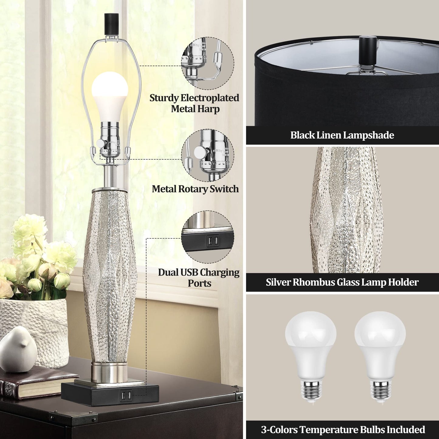 Black Glass Table Lamps, 28" Contemporary Set of 2 with USB Charging