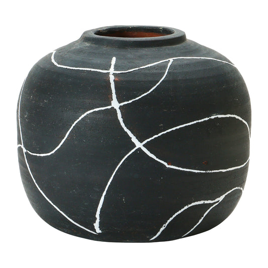 Black and White Round Vase Decor, Terra-Cotta with Hand-Painted Design