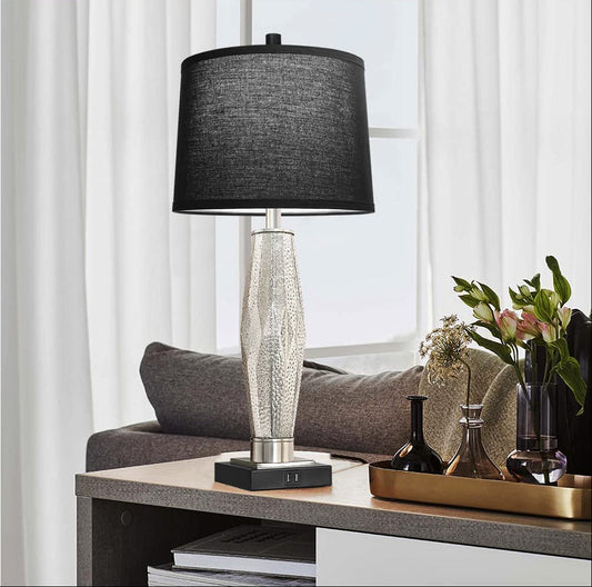 Black Glass Table Lamps, 28" Contemporary Set of 2 with USB Charging