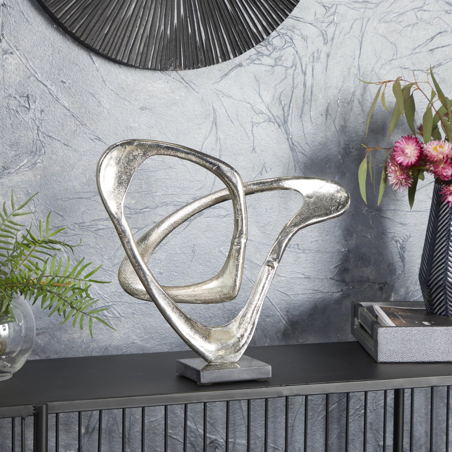 Silver Abstract Sculpture Statue Decor with Black Base