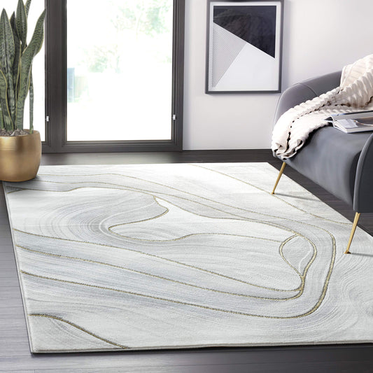 Grey Area Rug,  7' 9" x 10' 2" (8x10), Metallic Gold , Swirl Design