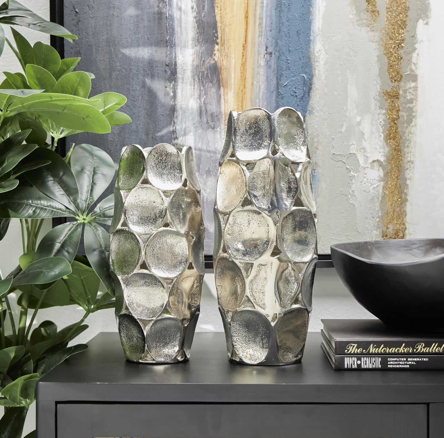 Silver Geometric Centerpiece Vase Set, Open Framed