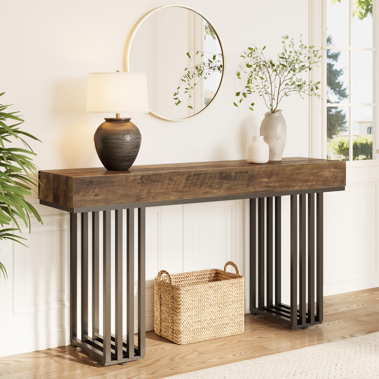 Brown Console Entryway, Narrow Table with Metal Frame