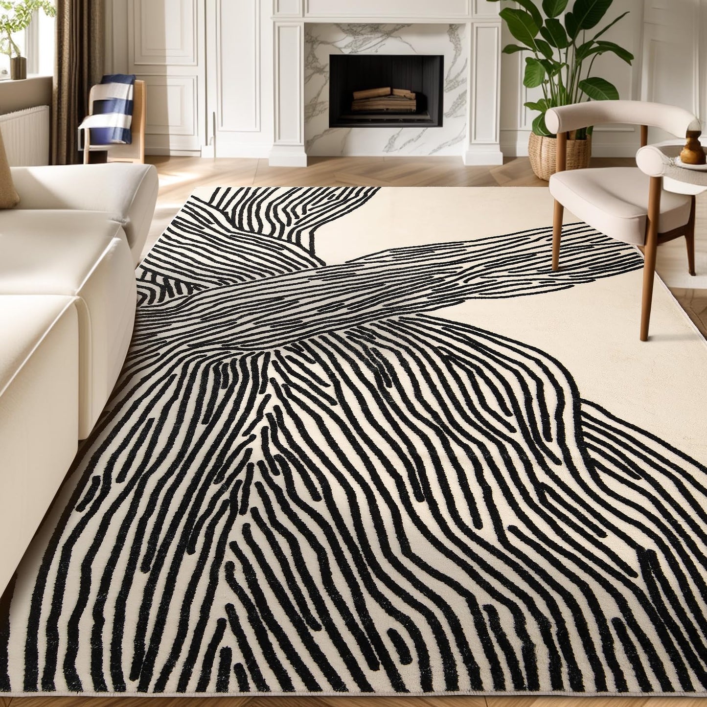 Beige and Black, Modern Lined Design 9x12 Ft Area Rug