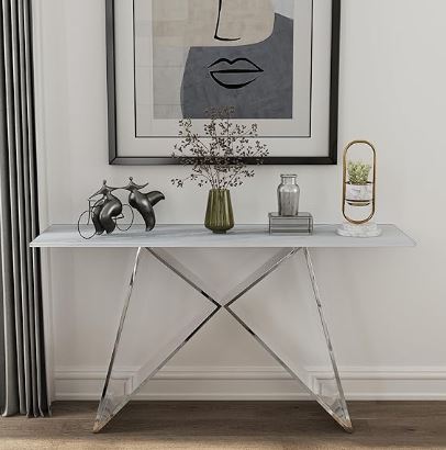 Silver Console Table, White Tempered Glass with Mirrored M-Shaped Base