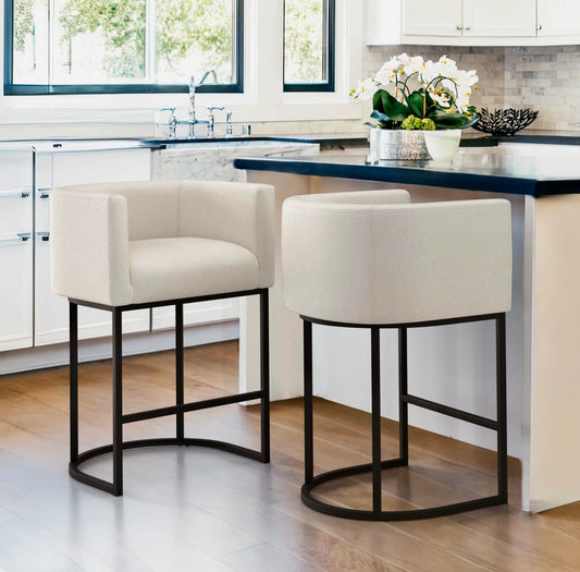 Beige Bar Stools Set of 2, 27" Counter Height, Black Metal Frames