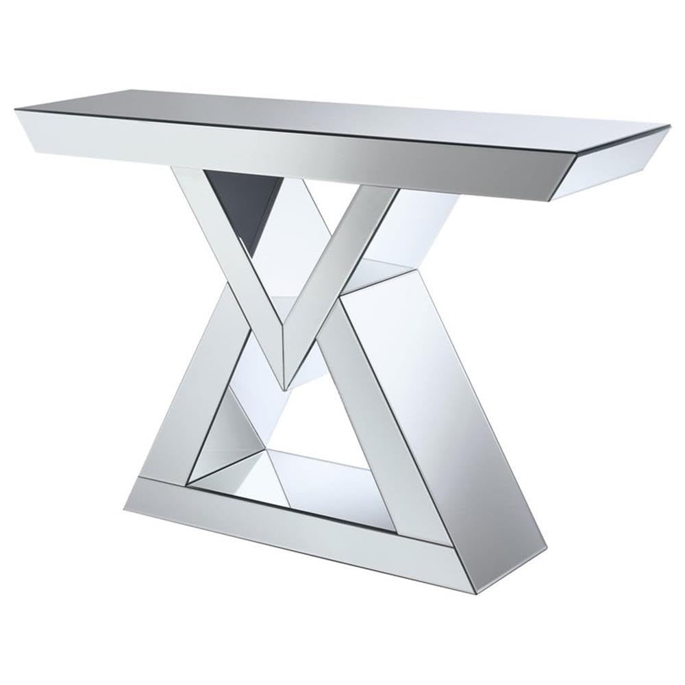 Silver Console Table with Mirrored Panels, Triangle Base