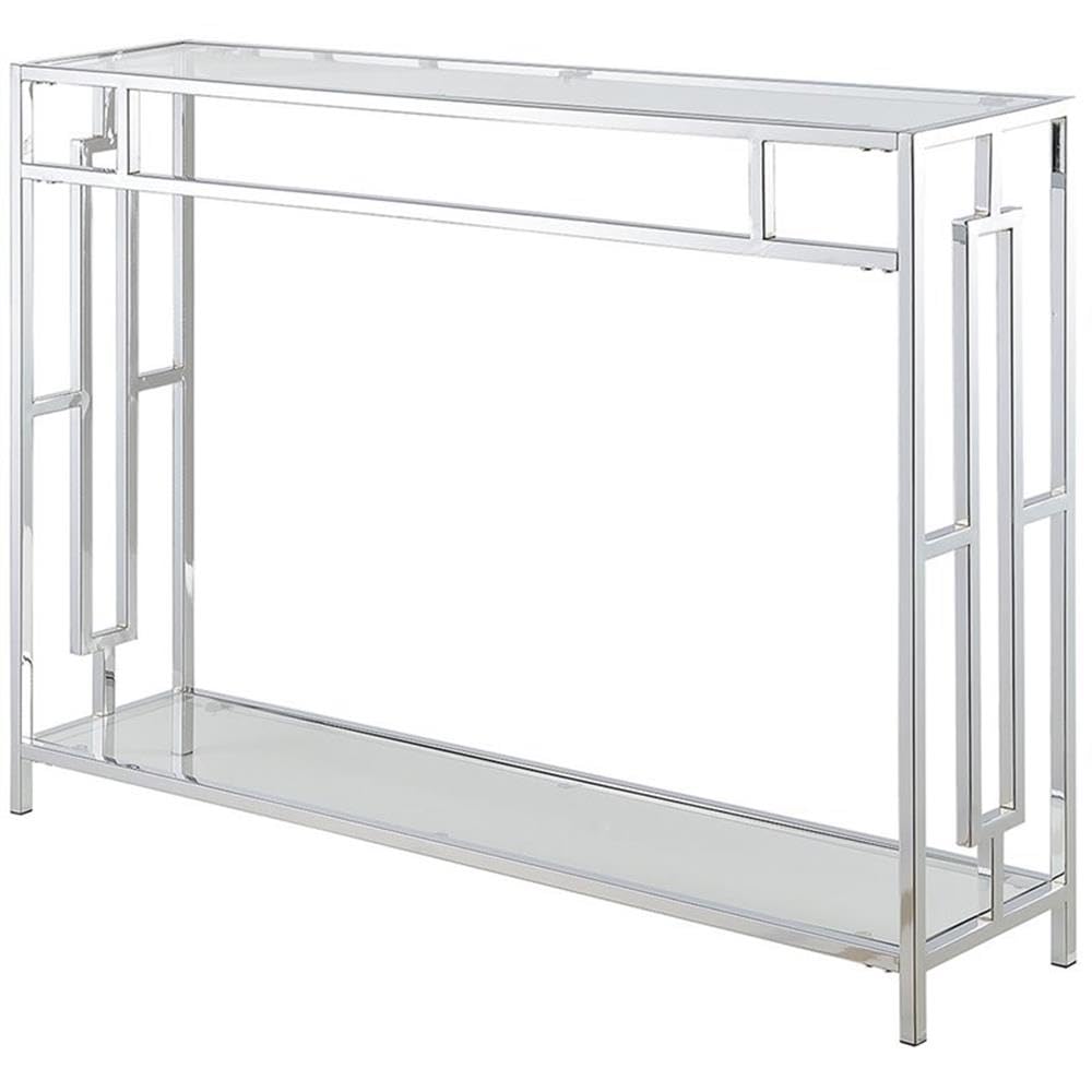 Silver Console Table, Modern Glass Top, Narrow for Entryway