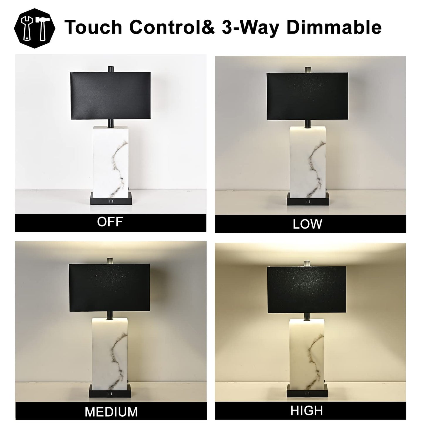 Black Set of 2 Table Lamps with USB Ports, Touch Control