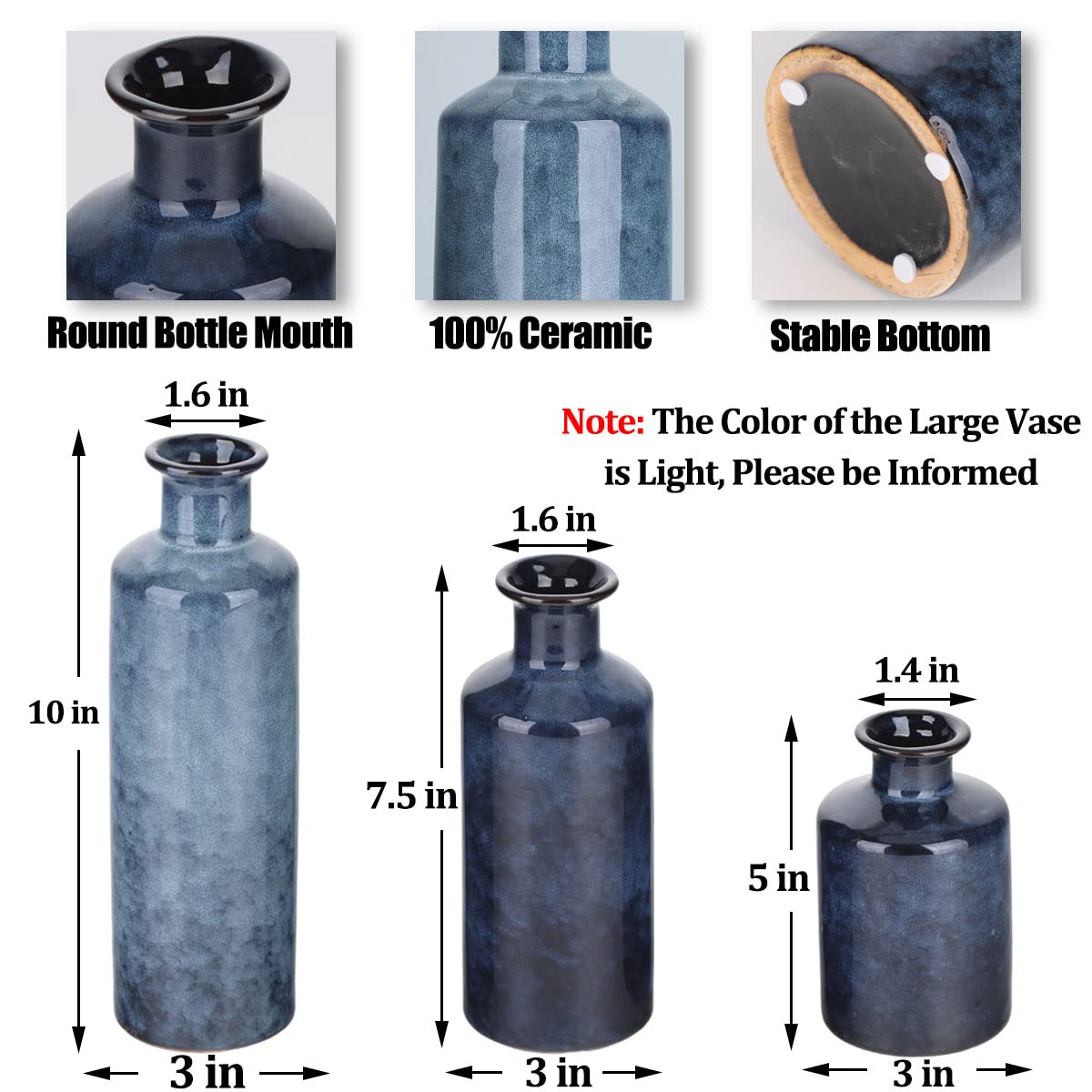 Blue Ceramic Vase Set - 3 for Home Decor, Living Room Decoration, Table Centerpiece