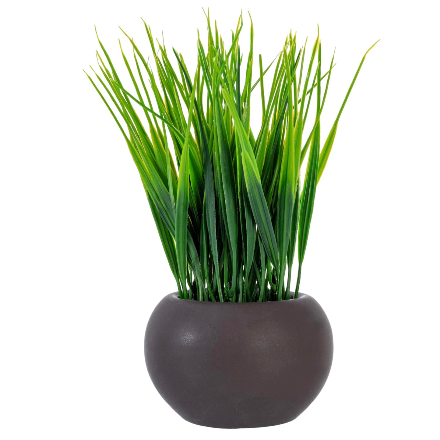Modern Faux Grass Plant Set in Small Round, Brown Ceramic Pots