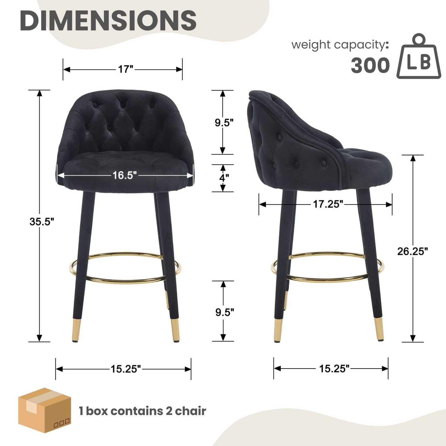 Black Velvet 26" Counter Height Tufted Bar Stools with Wood Legs, Set of 2