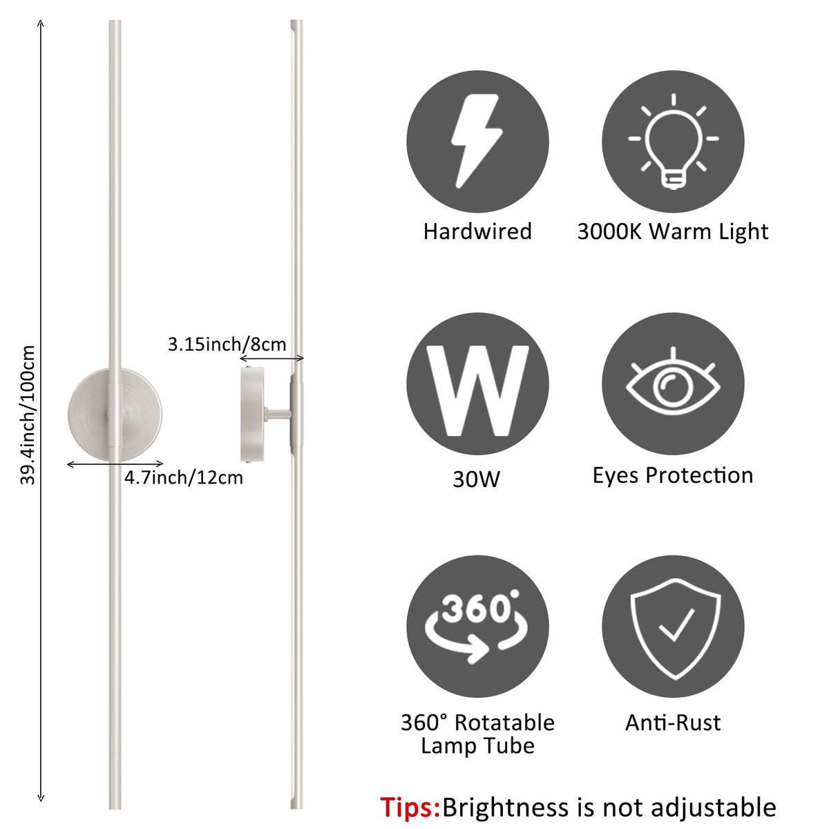 Silver Sand Nickel Linear, 360° Rotate Modern LED Vanity Light Bar for Home