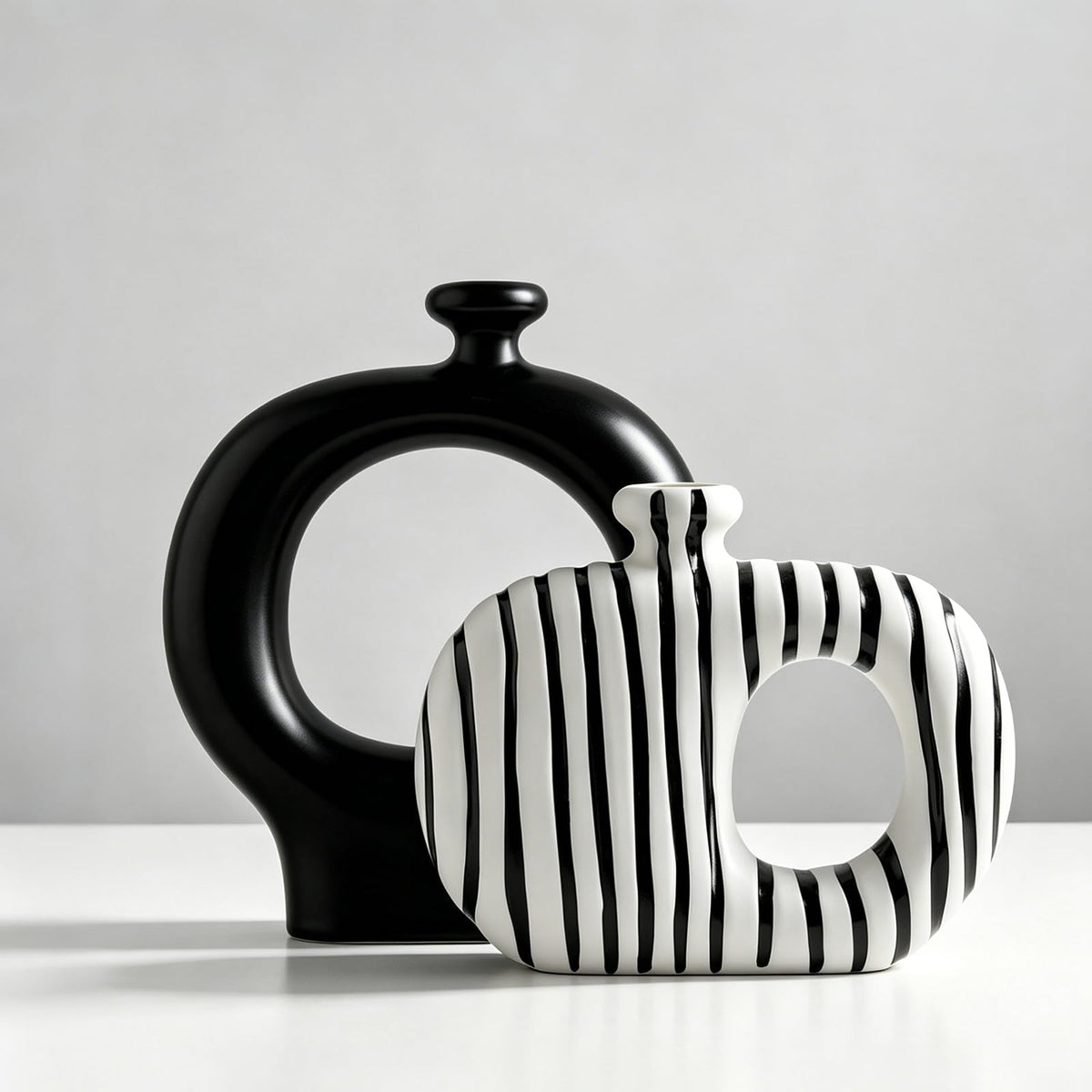 Hollow Ceramic Vases Set of 2, Black & White Striped Modern Geometric Decor