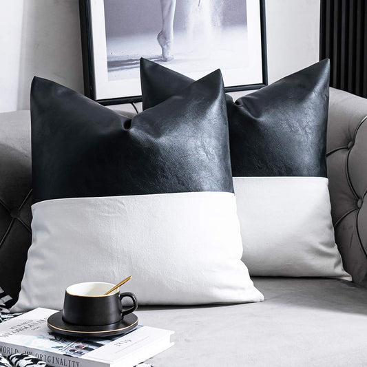 Black and White Faux Leather Throw Pillow Covers, Set of 2
