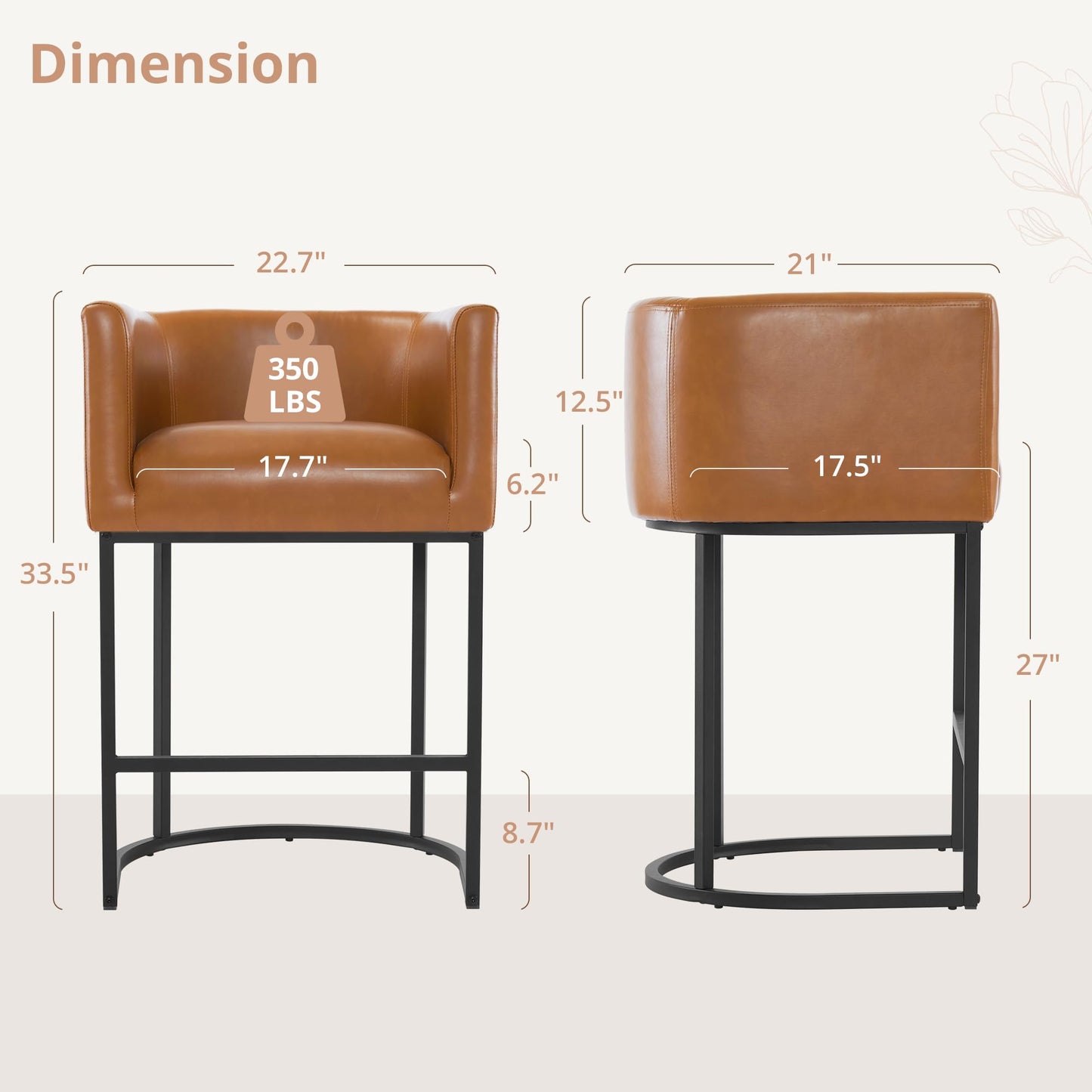 Brown Bar Stools Set of 3, Faux Leather, Barrel 27" Counter Height