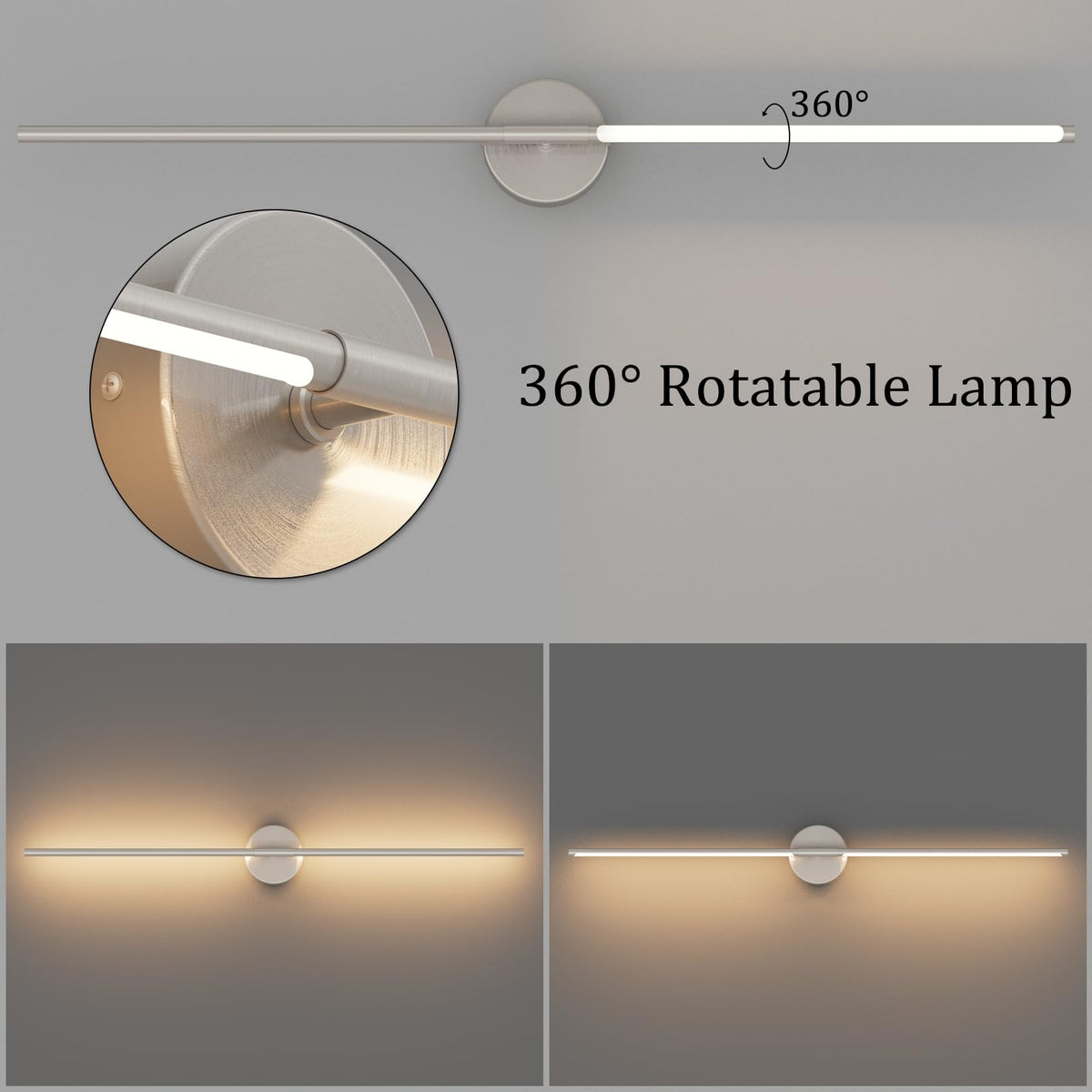Silver Sand Nickel Linear, 360° Rotate Modern LED Vanity Light Bar for Home