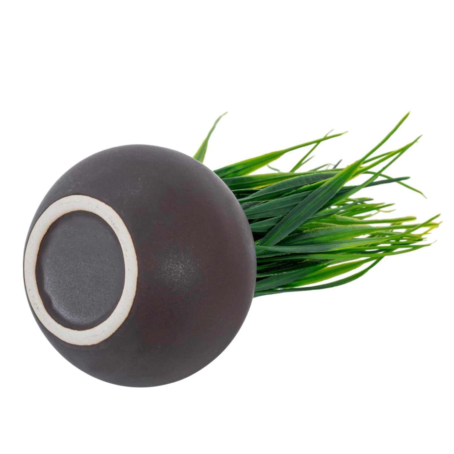 Modern Faux Grass Plant Set in Small Round, Brown Ceramic Pots