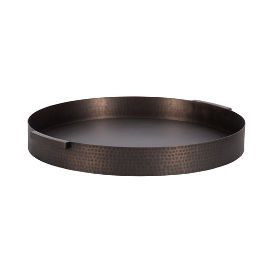 Bronze Modern Round Hammered, Metal Polished Decorative Circle Tray with Handles