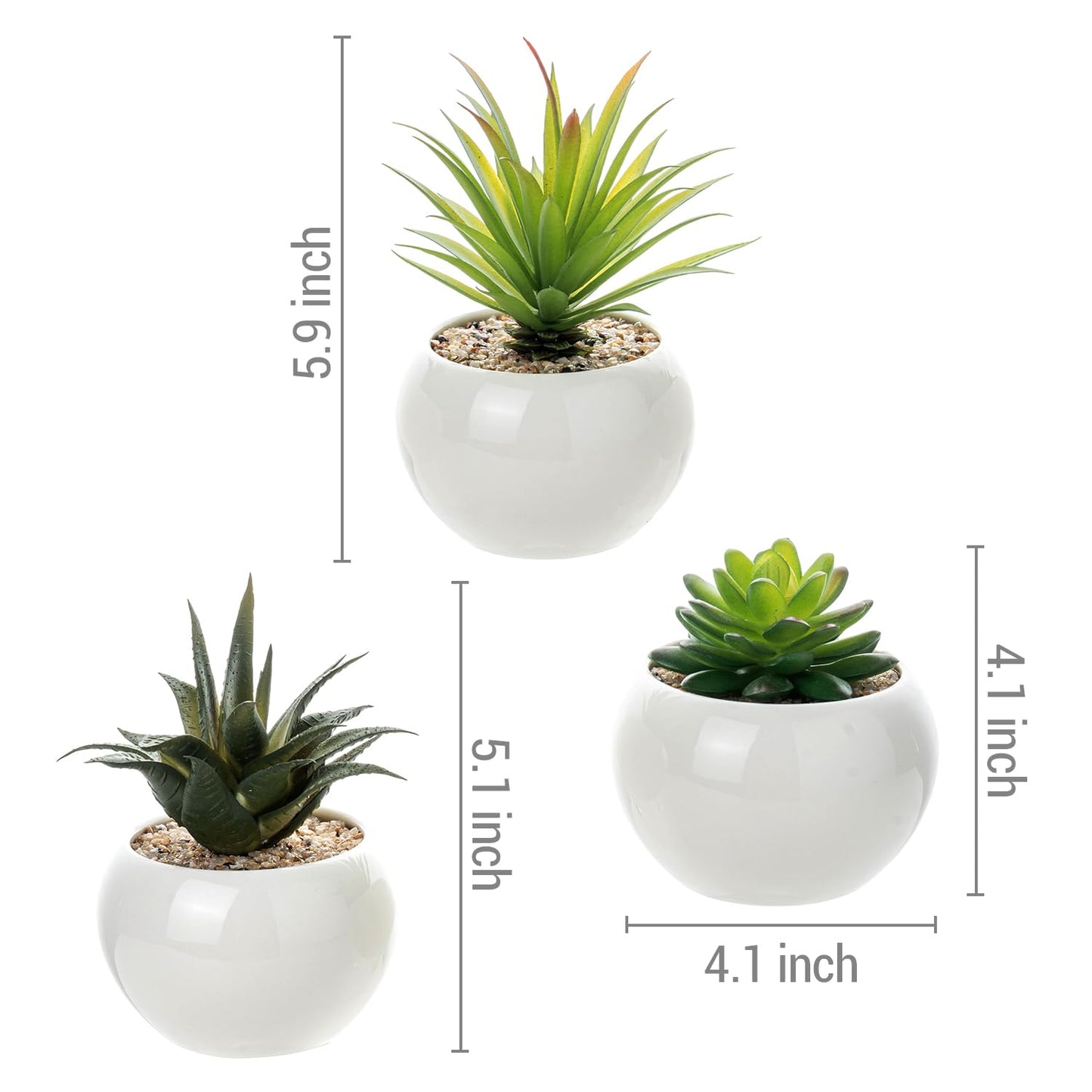White Artificial Succulents Set in Round, White Ceramic Pots