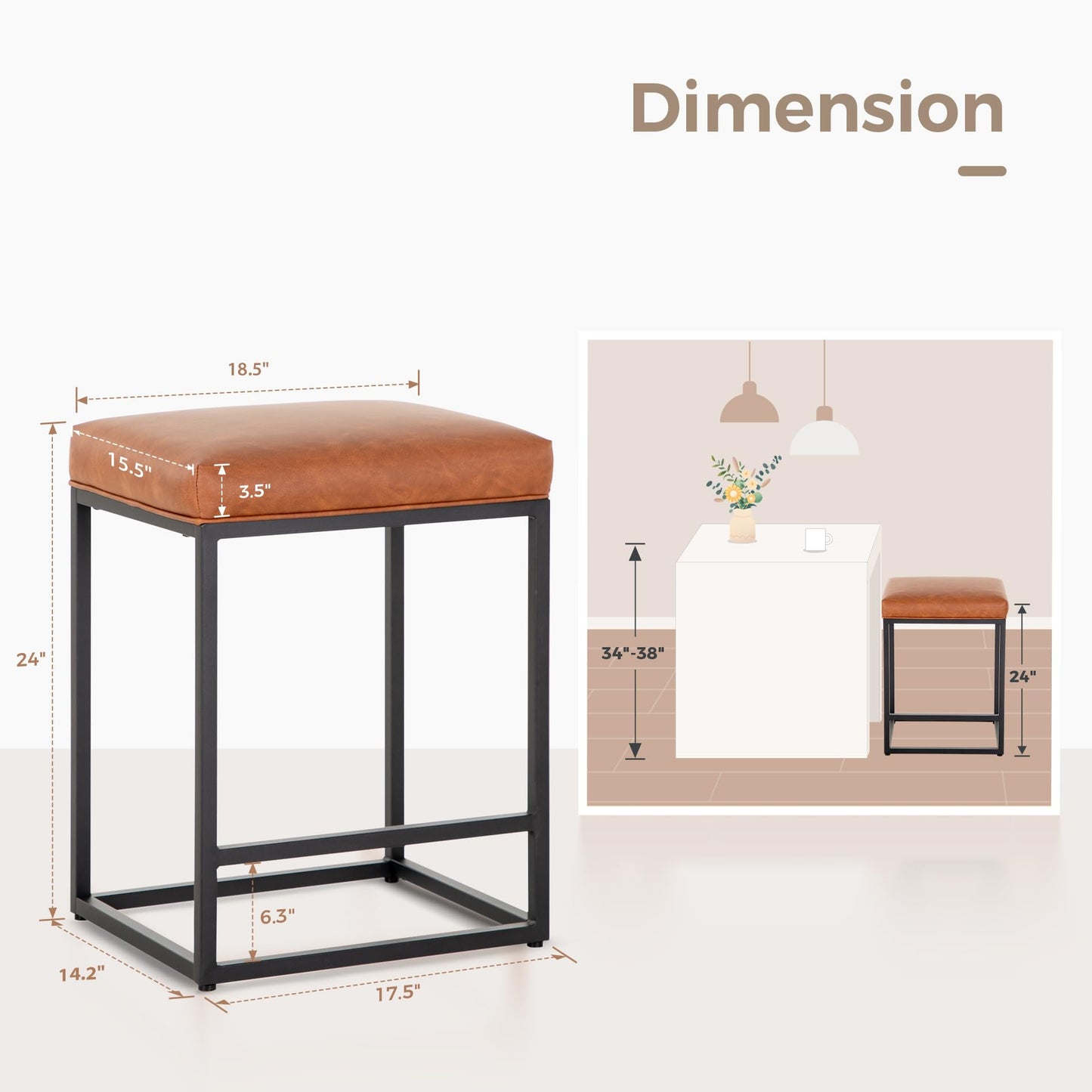 Rust Brown 24" Counter Height Backless Bar Stools Set of 3 , Faux Leather