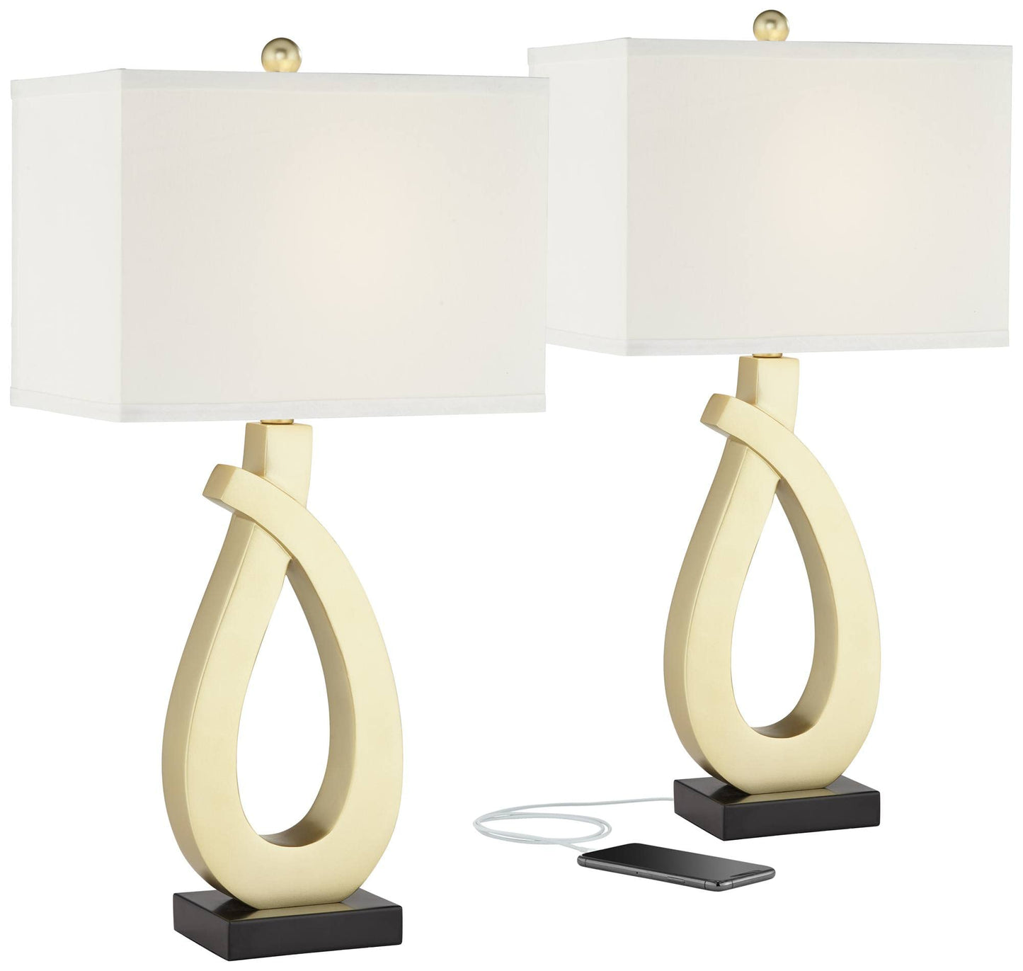 Gold Sculptural Modern Table Lamps 28" Tall Set of 2 with USB Charging Port