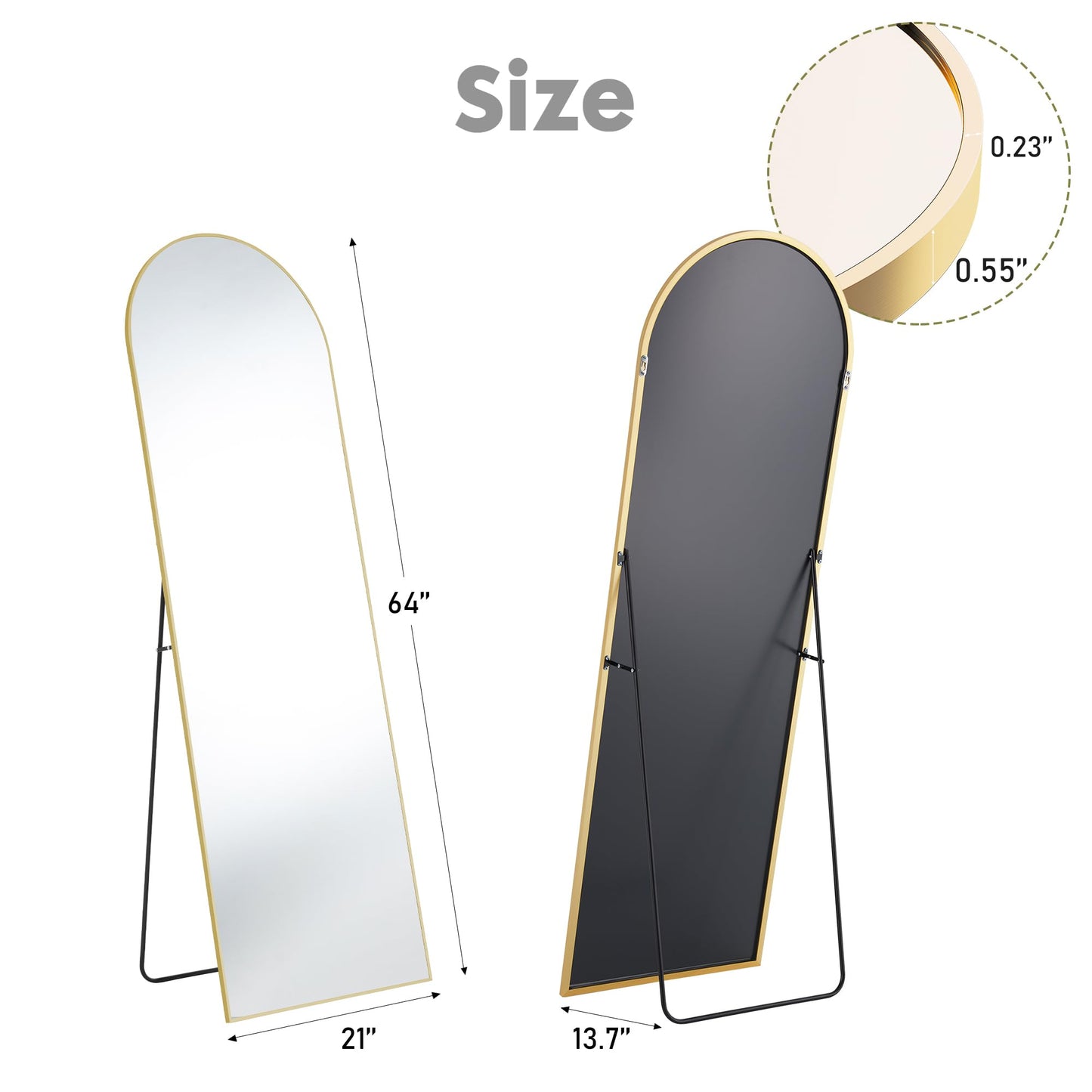 Gold Full Length Mirror, Arched 64"x21", Standing or Leaning