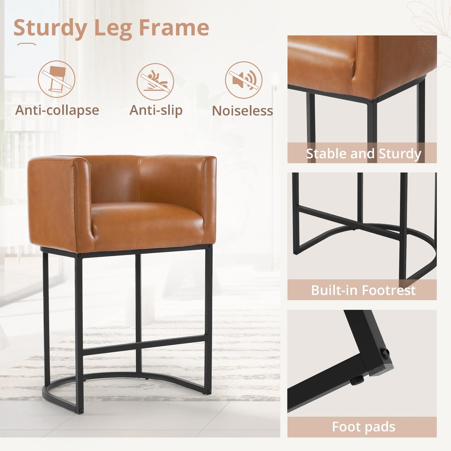 Brown Bar Stools Set of 3, Faux Leather, Barrel 27" Counter Height