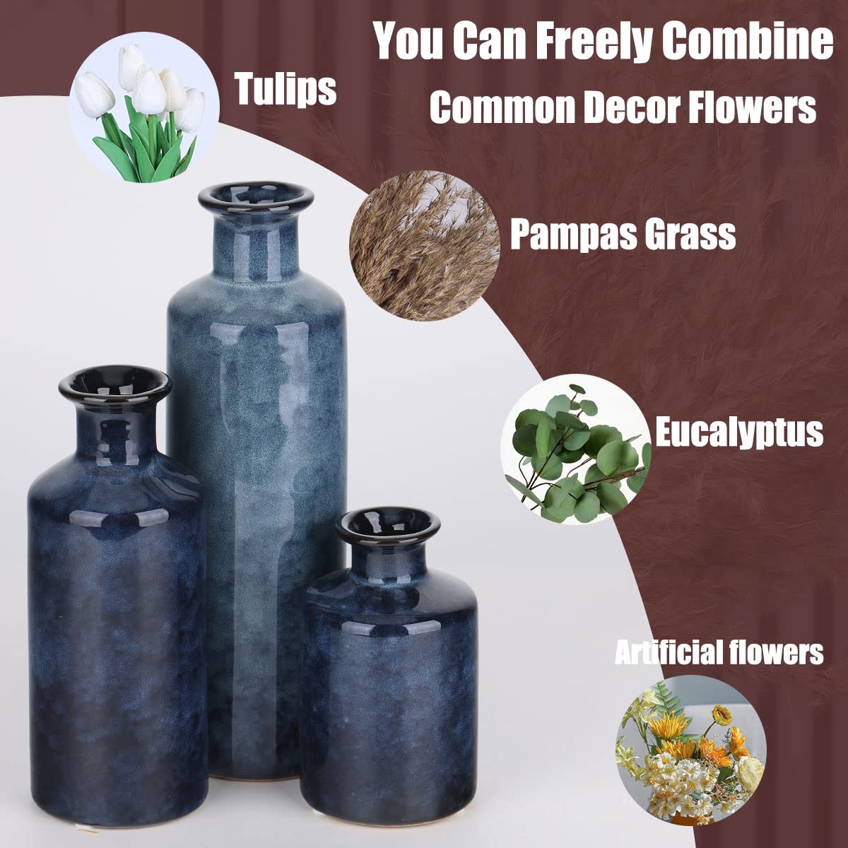Blue Ceramic Vase Set - 3 for Home Decor, Living Room Decoration, Table Centerpiece