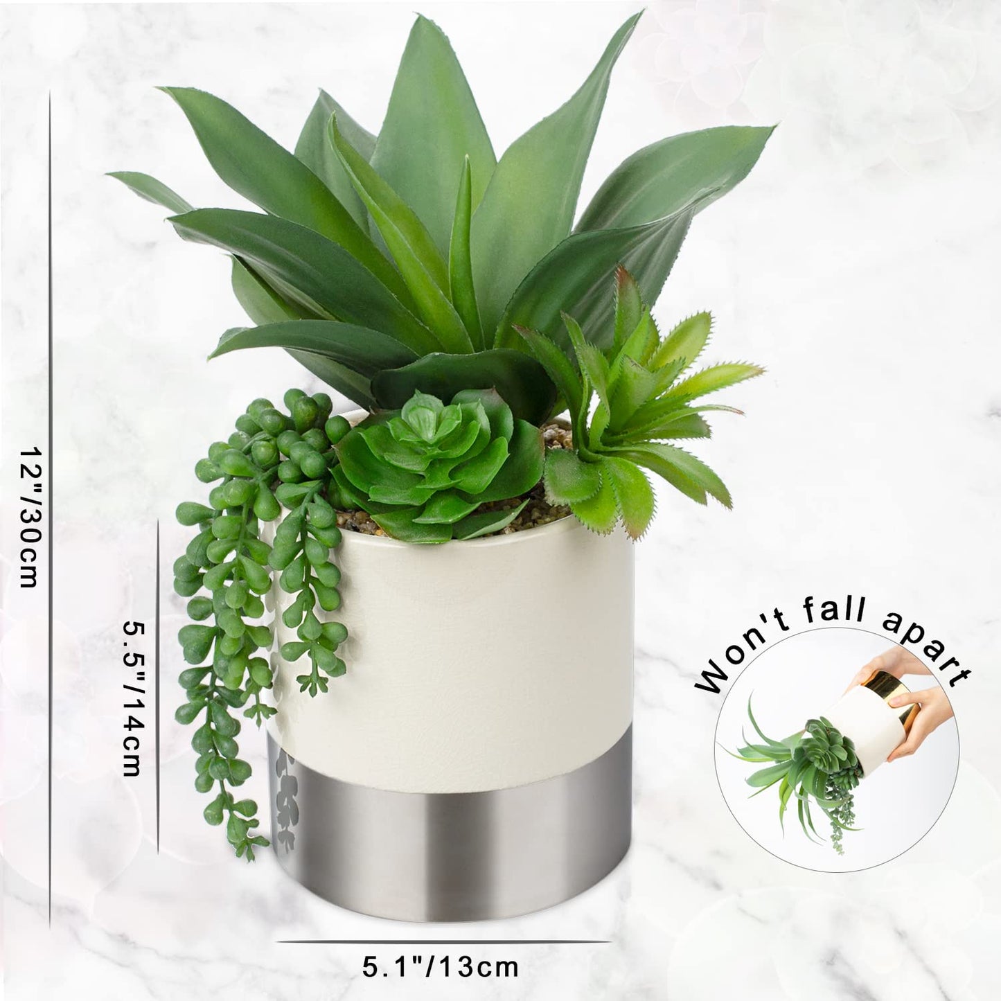 Sliver Ceramic Pot Artificial Faux Succulents Plants