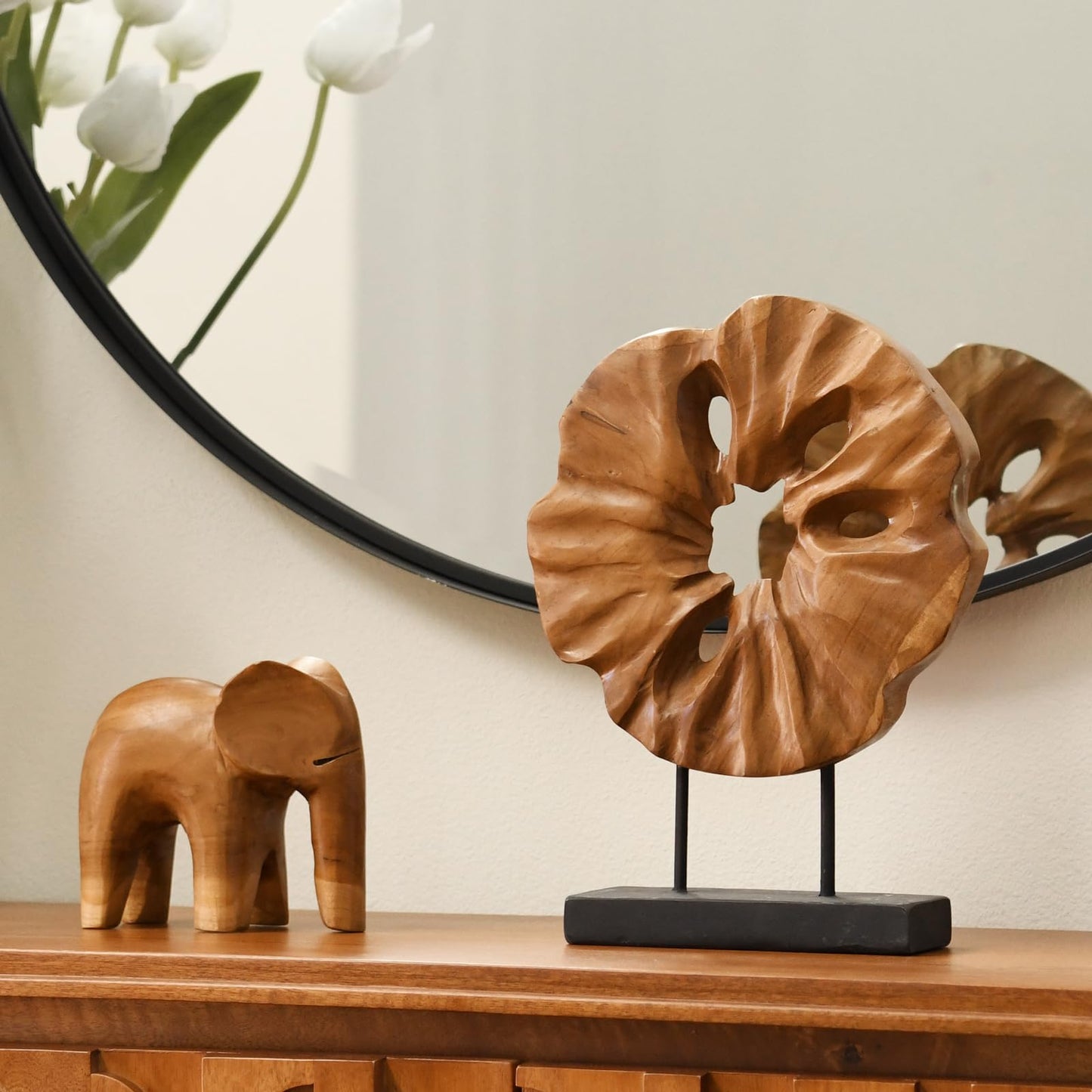 Brown Irregular Teak Root Sculpture Decor with Base