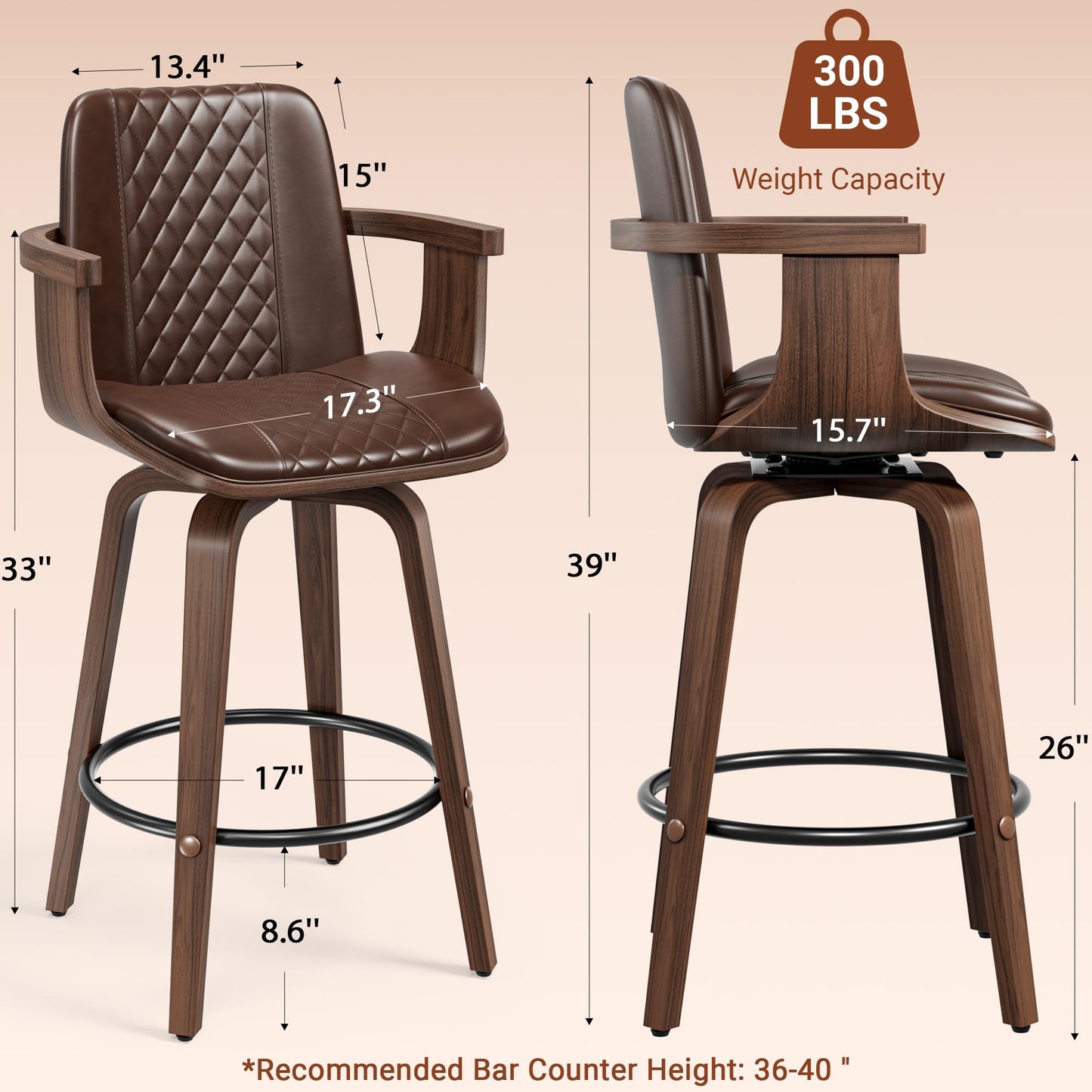 Brown Bar Stools Set of 2, PU Leather, Swivel 26" Counter Height