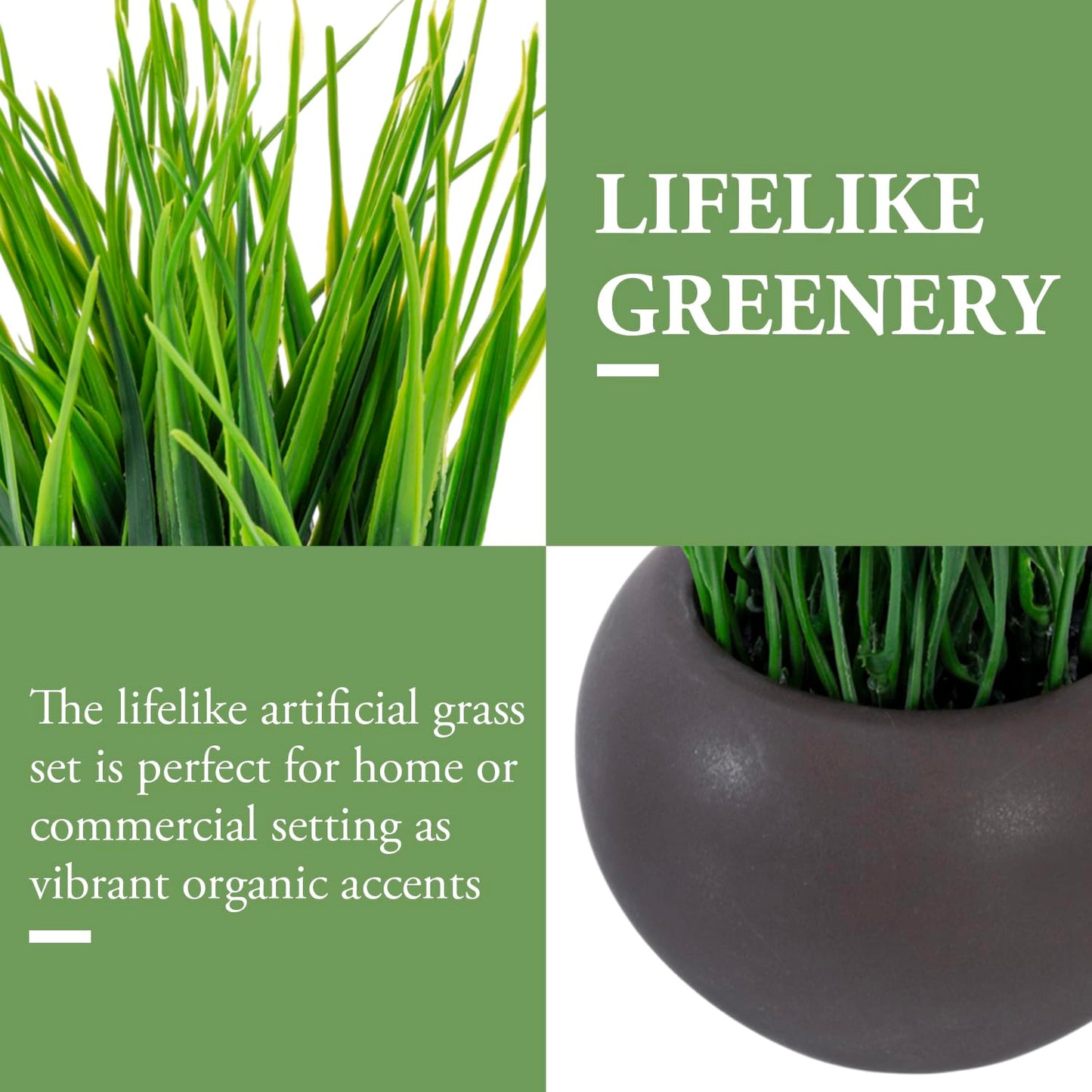 Modern Faux Grass Plant Set in Small Round, Brown Ceramic Pots