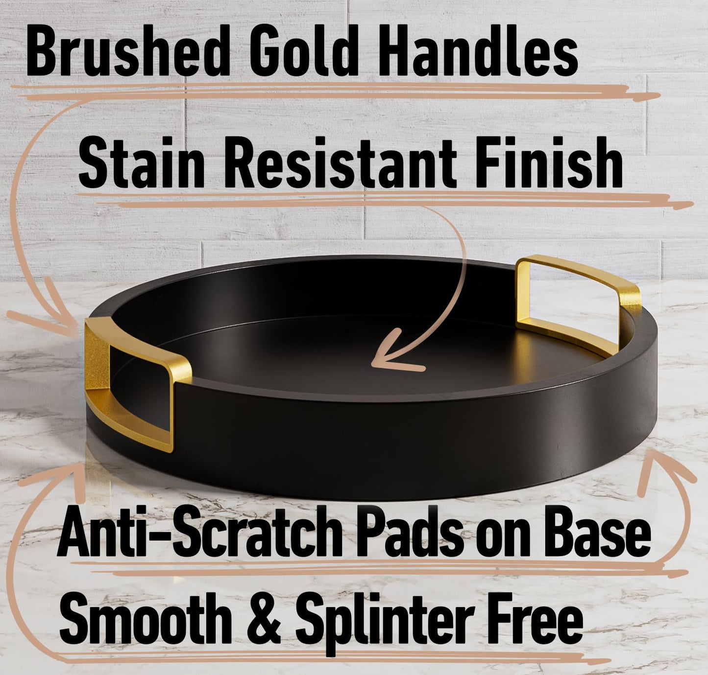 Black Round Decor Tray with Gold Handles