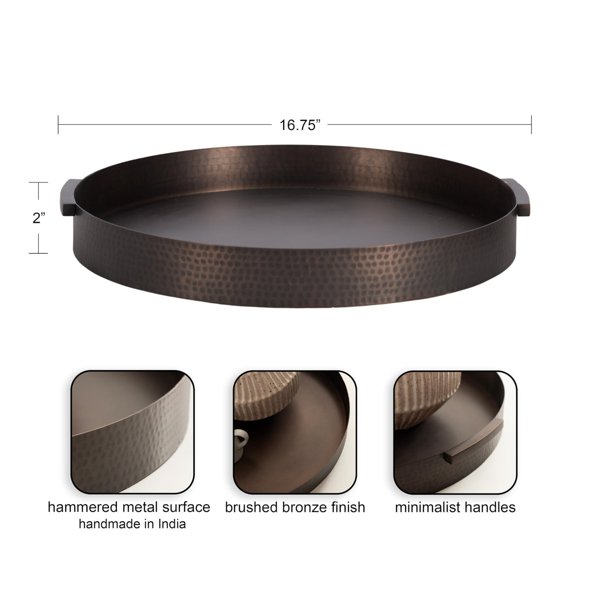 Bronze Modern Round Hammered, Metal Polished Decorative Circle Tray with Handles