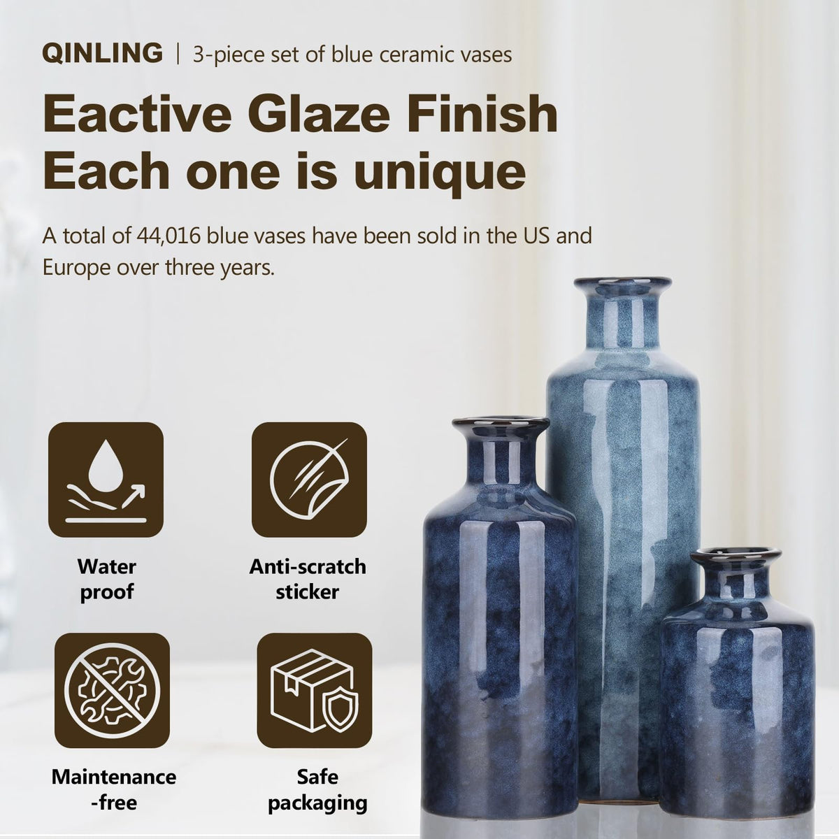 Blue Ceramic Vase Set - 3 for Home Decor, Living Room Decoration, Table Centerpiece