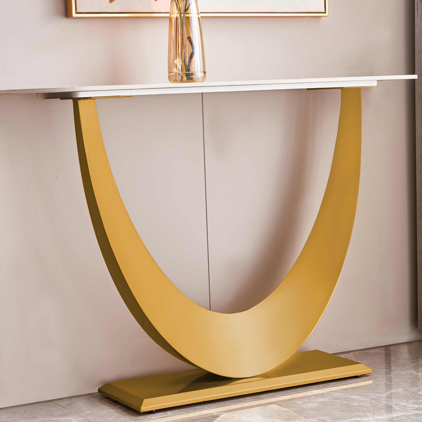 Gold Modern Console Table, 47'' Long Half Moon, Sintered Stone