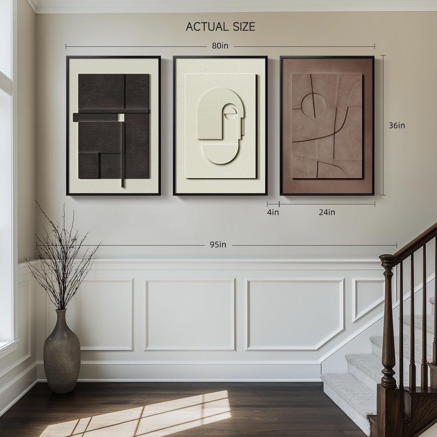Neutral 3D Textured Framed Abstract Wall 24" x 36" Art, 3 Piece Modern Paintings