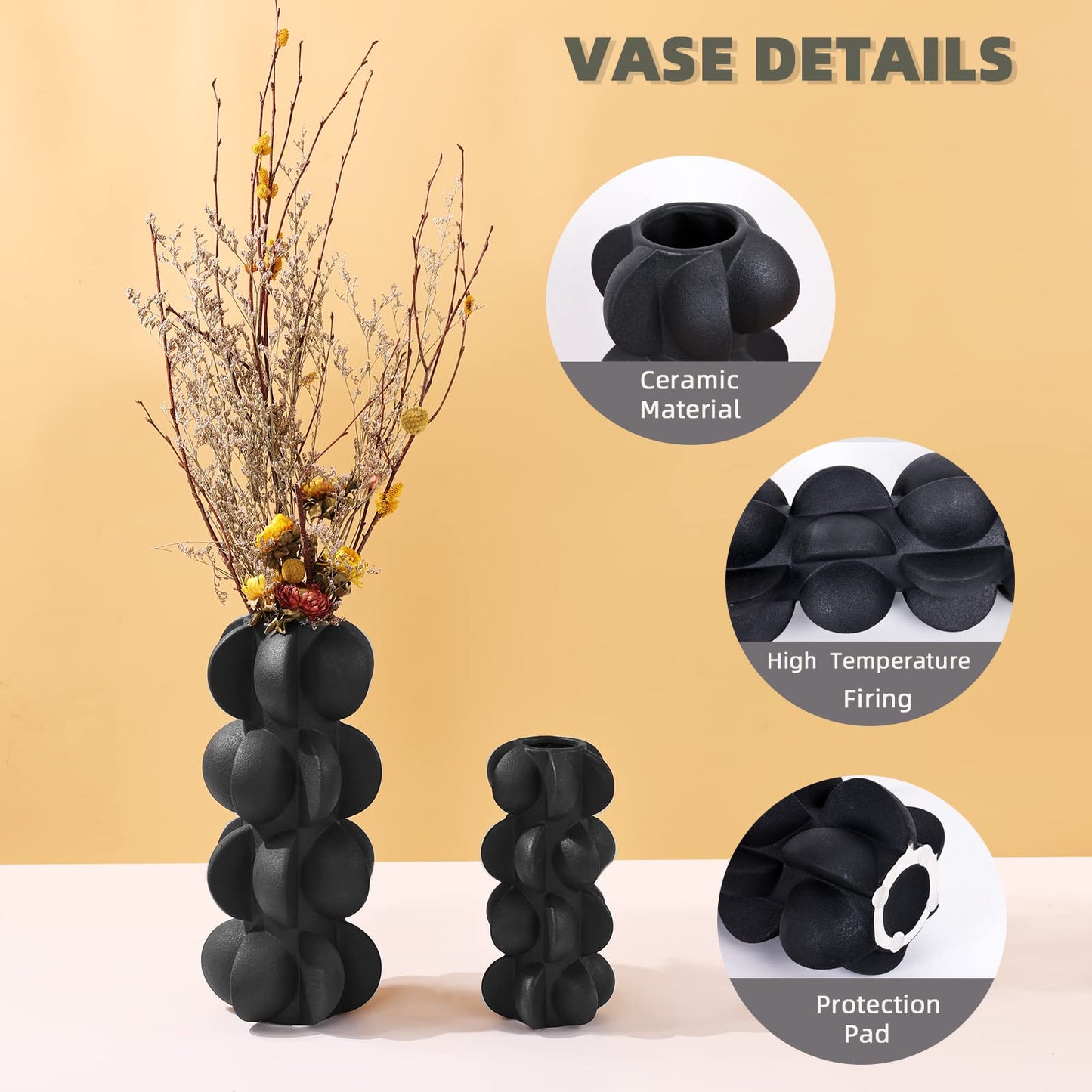 Black Ceramic Flower Vase, Modern Accent Decor