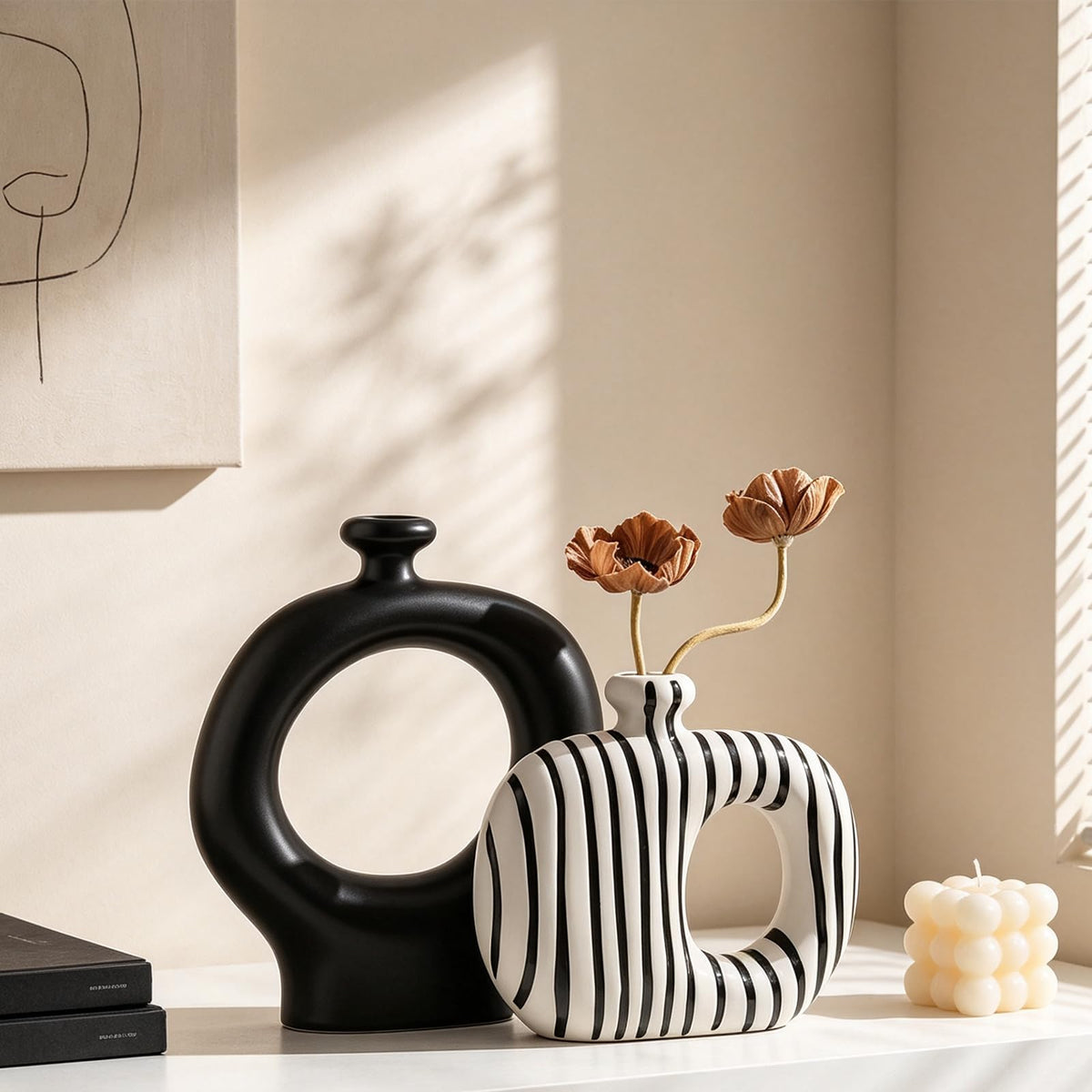 Hollow Ceramic Vases Set of 2, Black & White Striped Modern Geometric Decor