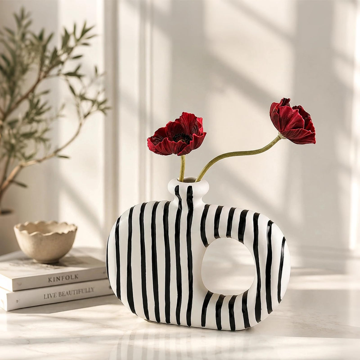 Hollow Ceramic Vases Set of 2, Black & White Striped Modern Geometric Decor