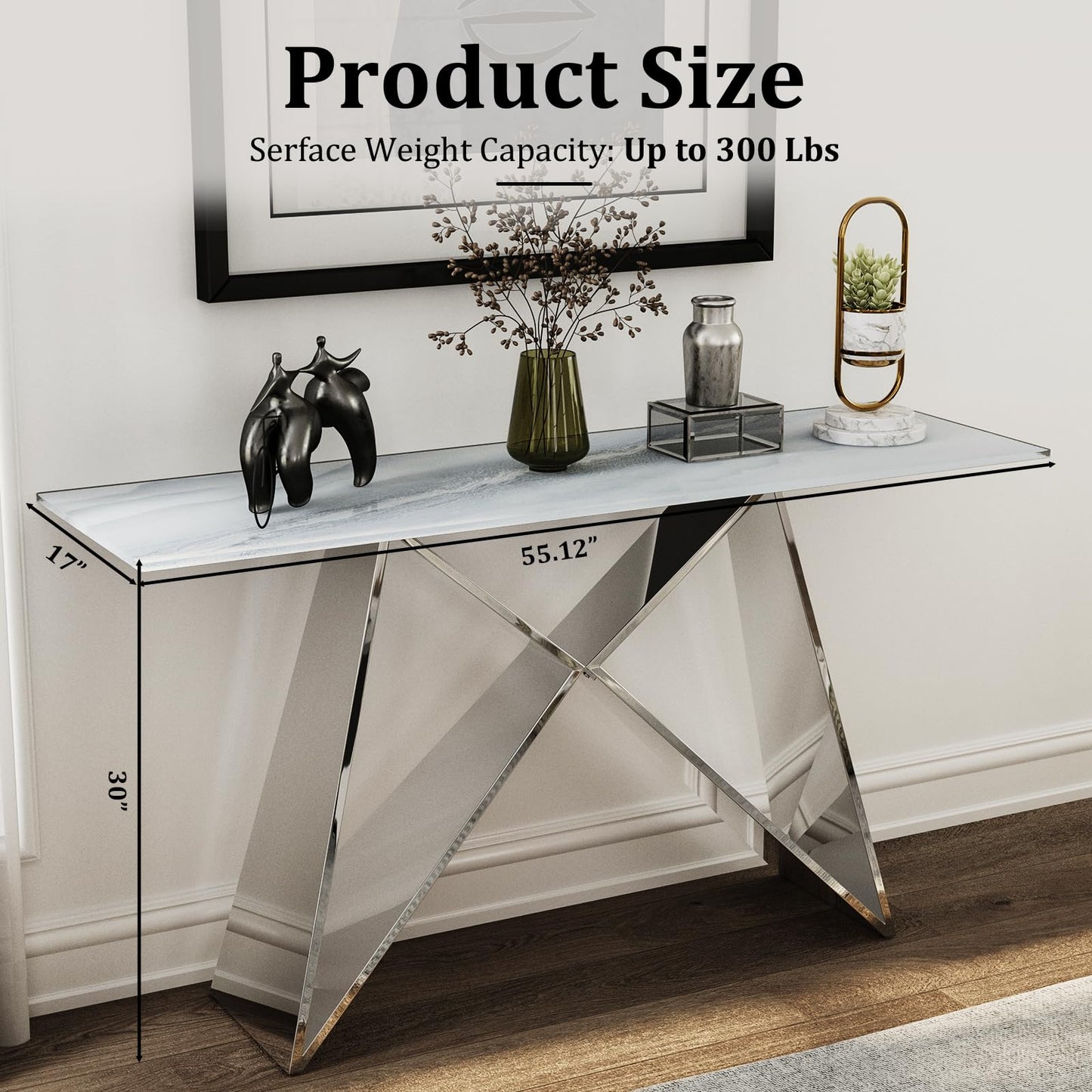 Silver Console Table, White Tempered Glass with Mirrored M-Shaped Base