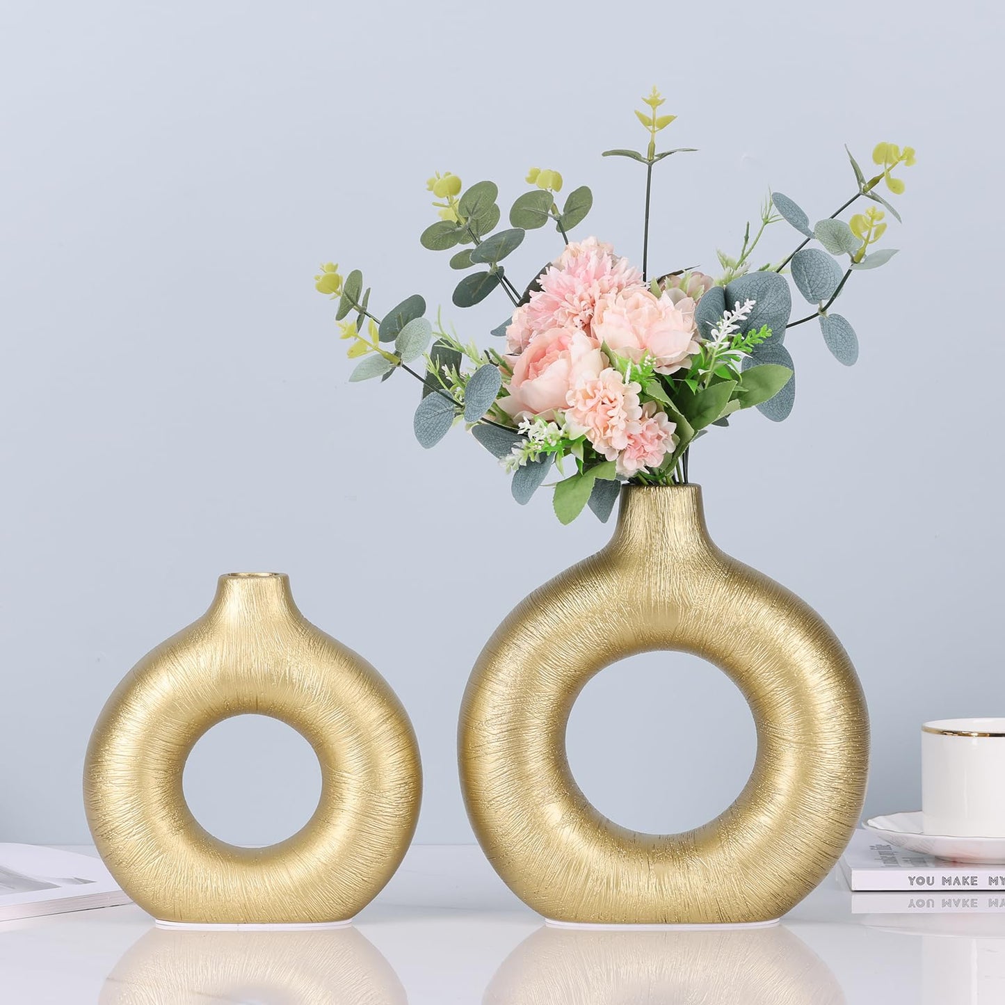 Gold Modern Ceramic Circle Hollow Vase Set