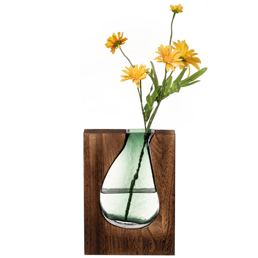 Brown 10-Inch Wood and Glass Inlay Vase