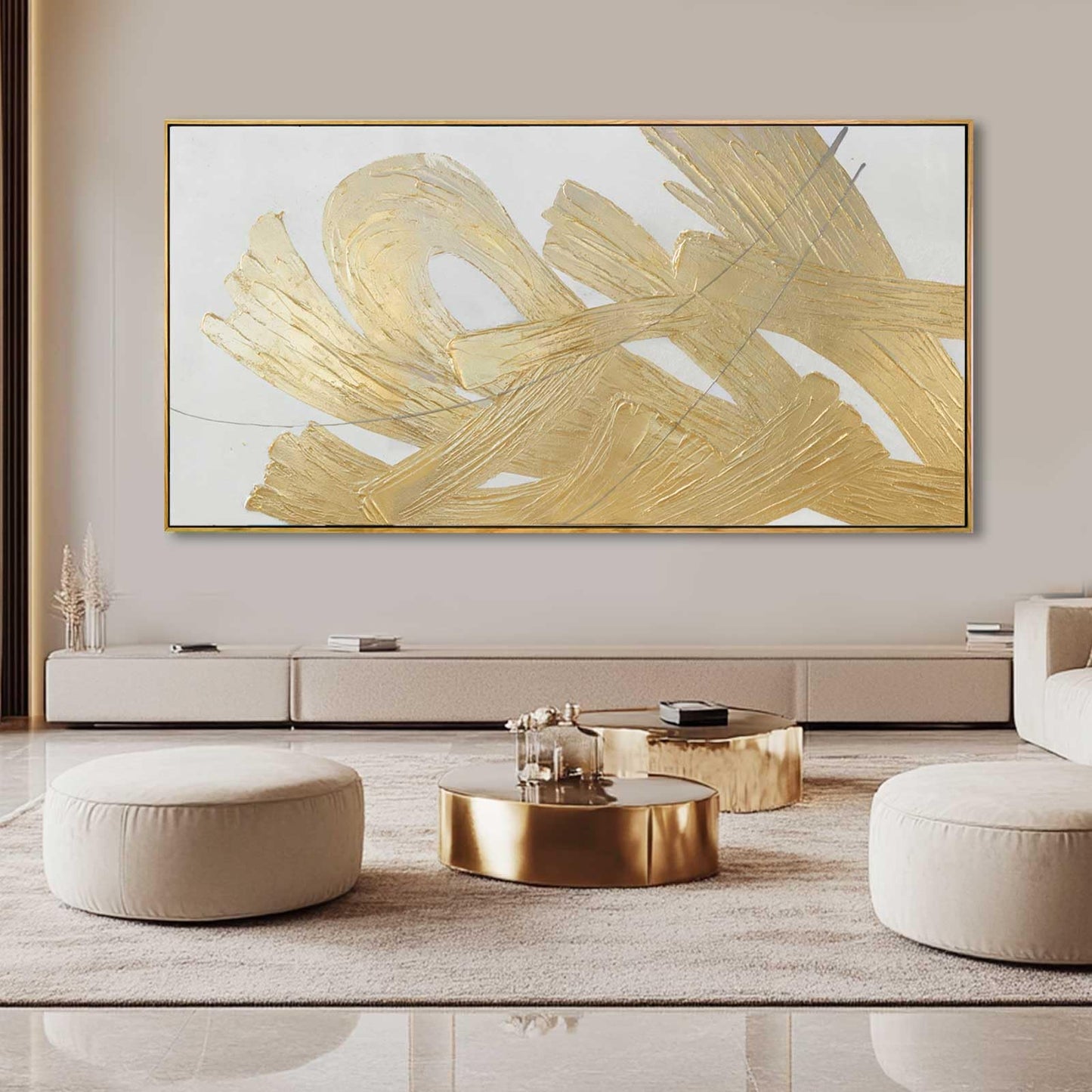 White and Gold Wall Painting, Modern 29"x58" Abstract Art