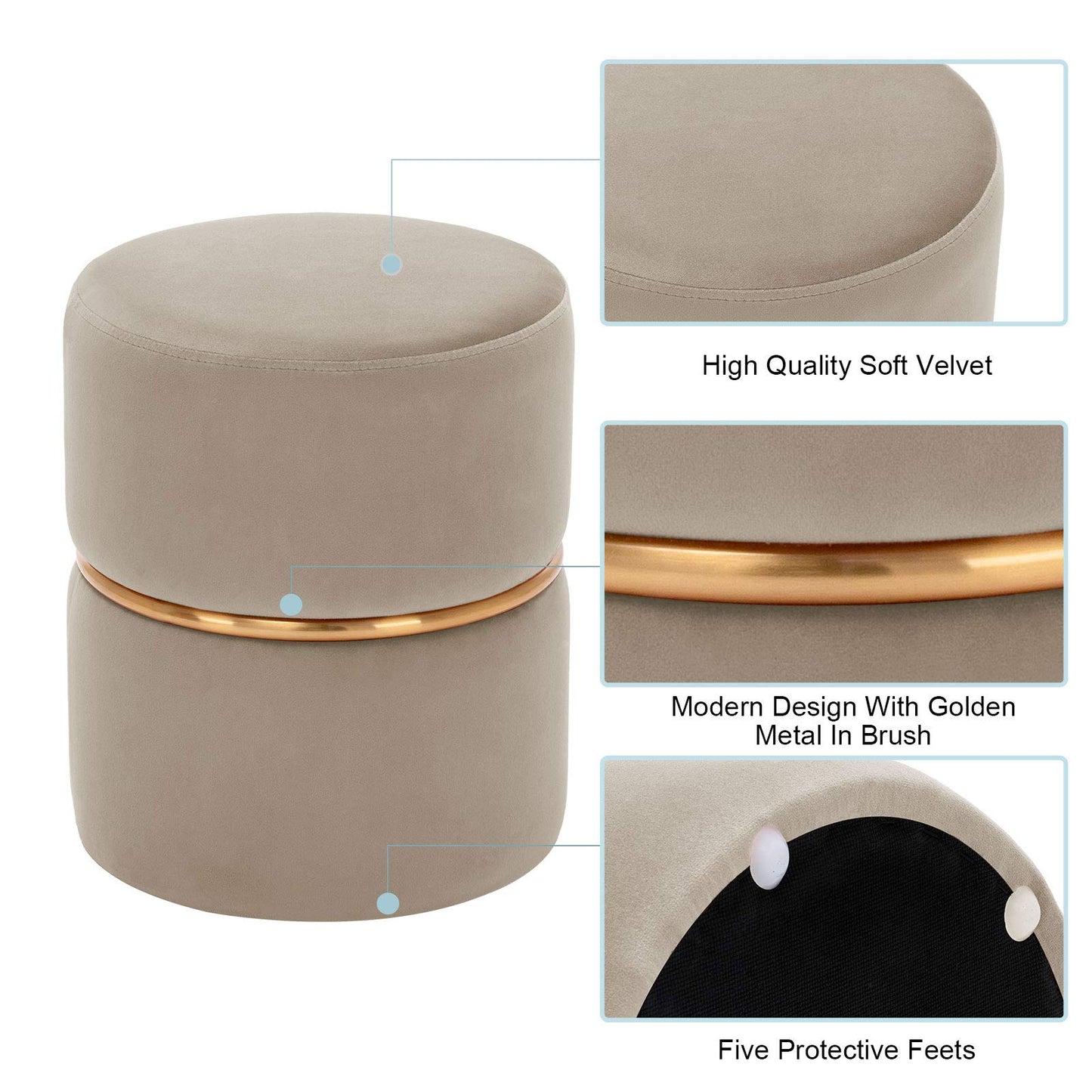 Beige Modern Round Velvet Ottoman Vanity Stool